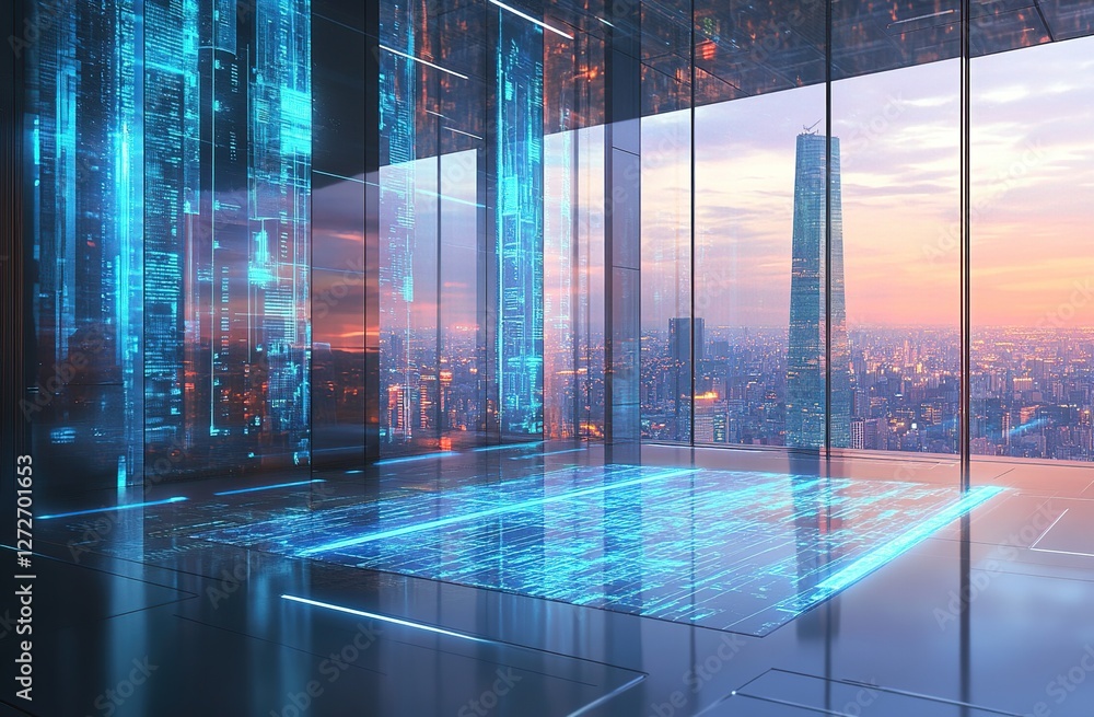 Poster futuristic office design: interactive floor and walls displaying data streams in a modern cityscape 