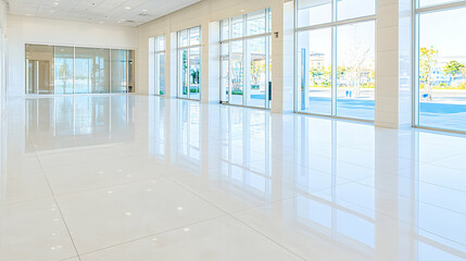 Fototapeta premium Empty modern building interior, large windows, city view, bright sunlight