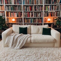 Cozy living room with white sofa, green pillows, and bookshelves in background