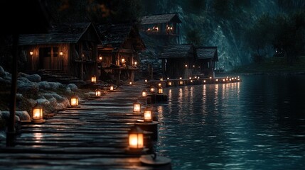 A peaceful fisherman&acirc;&euro;&trade;s dock with softly glowing lanterns and rippling water