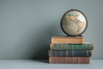 Antique globe atop a stack of aged and well worn books