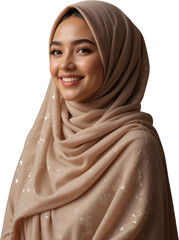 Beautiful Smiling Muslim Woman in Beige Embroidered Hijab Portrait