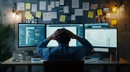 A frustrated developer overwhelmed by persistent bugs in a sleek office. Featuring error logs on the monitors