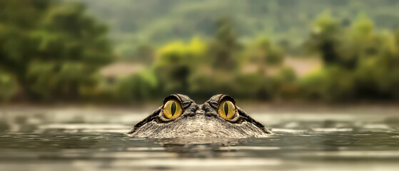 Fototapeta premium A close-up of a crocodile's eyes peeking above the water surface, surrounded by lush greenery, showcasing a serene natural environment.