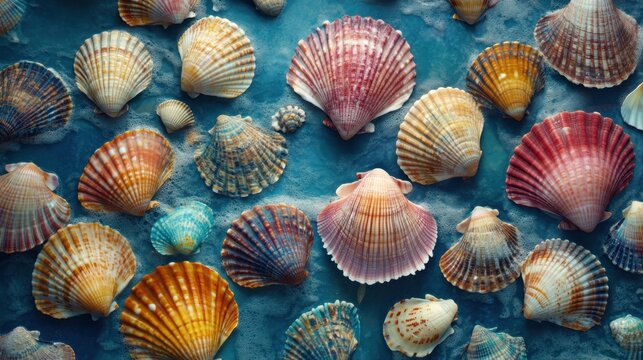A close-up of vibrant seashells arranged on a striking blue background, showcasing their natural beauty and colors