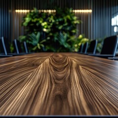 Modern conference table, wood grain, plants, meeting room