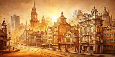 Fototapeta premium Vintage Abstract Line Art Cityscape Background - Retro Urban Texture