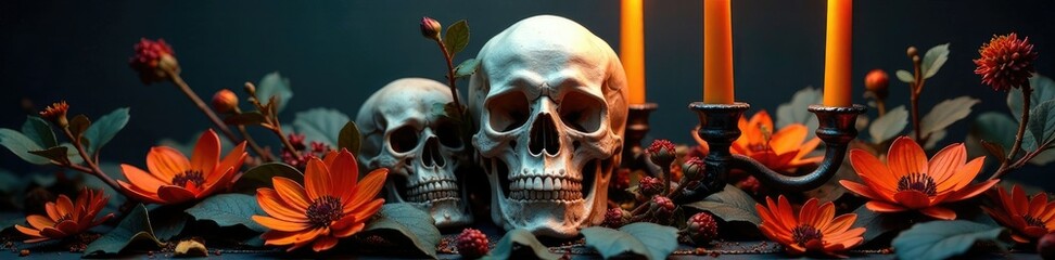 Skulls adorn a candelabra amidst florals and dark foliage, skull, autumnal, flower