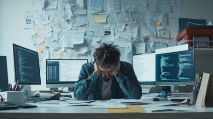 A frustrated developer overwhelmed by persistent bugs in an urban office. Featuring error logs on multiple screens