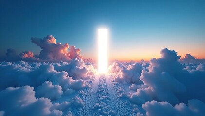 Obraz premium White beacon illuminates the vast open space of the blue sky at dawn, brightness, contrast