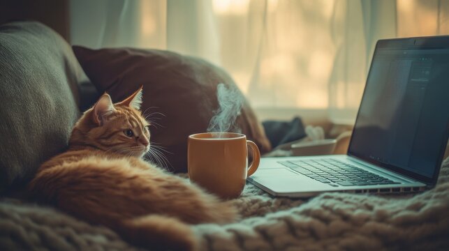 A cozy corner office with a steaming tea mug, laptop, and a relaxed cat on the chair, against a softly lit background