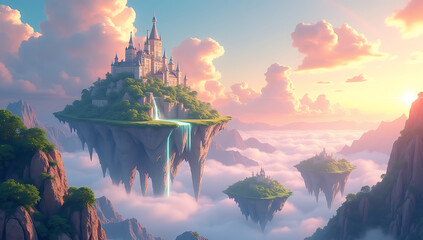 Surreal Dreamscape with Floating Islands &ndash; A Fantasy Background Featuring Lush Floating Lands Suspended in a Sky of Soft Pastel Clouds