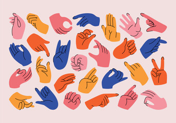 Set of colorful hands with different gestures and signs. Hand-drawn vector illustrations, hands showing love and friendship, different positions of hands and fingers. Collection of hands in doodle.