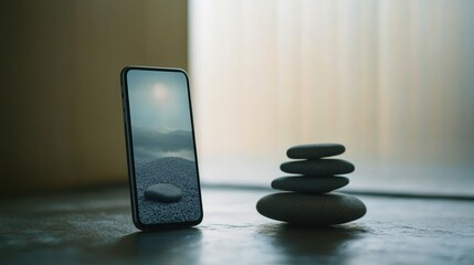 A smartphone with a meditation app showing calming sounds. Featuring mental health