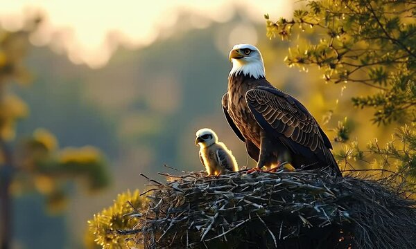 Bald eagle, chick, nest, sunset, forest, wildlife, nature, parenting