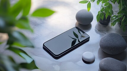 A smartphone with a meditation app showing relaxing sounds. Featuring mindfulness and stress relief