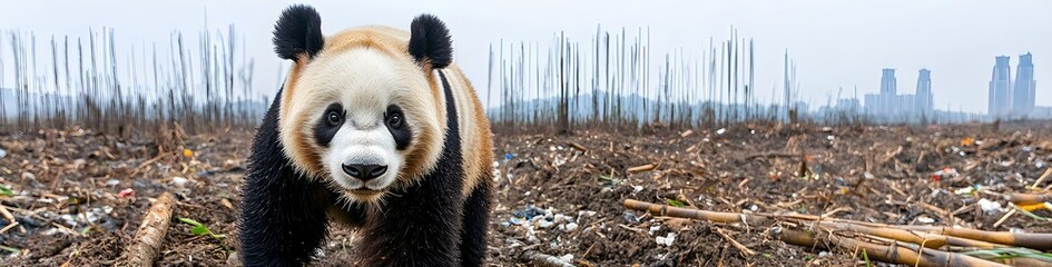 Fototapeta premium Panda in Urban Landscape Surrounded by Debris and Pollution Issues