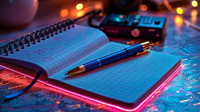 A close-up of a notebook with a pen on a map, illuminated by soft lights, suggesting travel planning