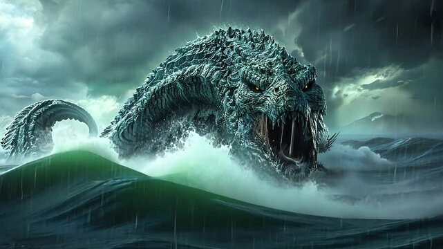 A colossal sea monster emerges from turbulent waves under a stormy sky, evoking awe and fear