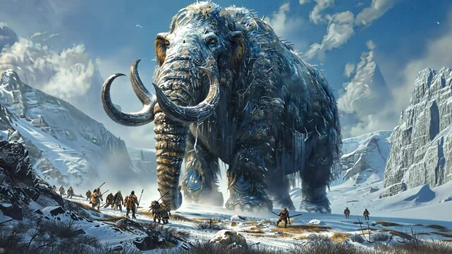 A colossal woolly mammoth towers over a group of explorers in a snowy landscape, showcasing ancient wildlife