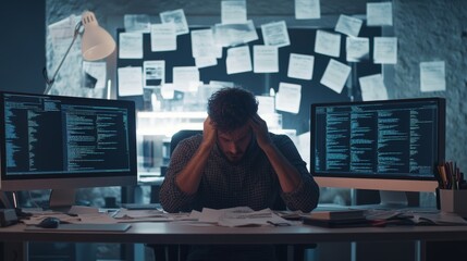 A frustrated developer overwhelmed by unresolved coding issues in a sleek office. Featuring error-filled monitors