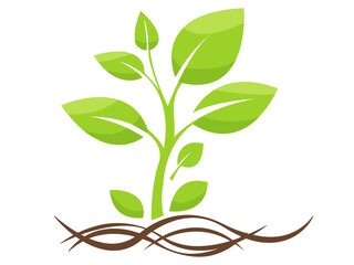 Vector illustration of a young plant sprouting from rich soil with green leaves and roots in a simple, modern style