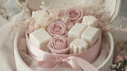A delicate gift box with milk-flavored sweets and roses, wrapped in soft pink ribbon, cozy vibes