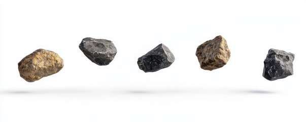 Five irregularly shaped rocks of varying colors, including gray, dark gray, light brown, and black, are levitating against a white background. The