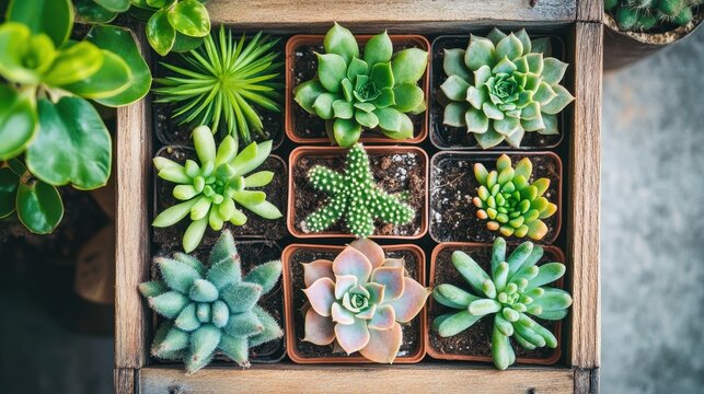 Colorful Arrangement of Succulent Plants in Wooden Planter Box