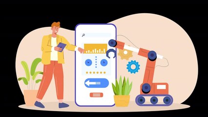 Vector character scene animation depicting the concept of production automation, with characters operating automated machinery, assembly lines, and efficient production processes.