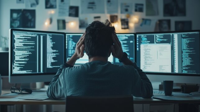 A frustrated developer sitting amidst coding errors in a minimalist office. Featuring monitors filled with error logs