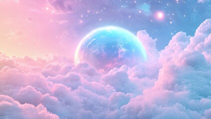 Pastel cloudscape with planet Earth, starry sky, dreamy atmosphere
