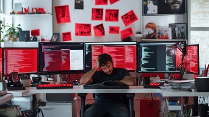 A frustrated developer solving bugs in a collaborative workspace. Featuring red error messages on multiple monitors