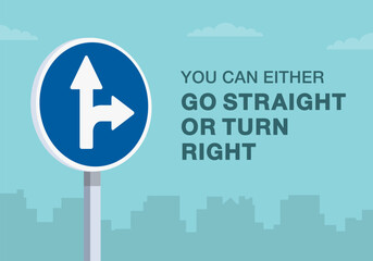 Safe driving tips and traffic regulation rules. Close-up of european "go straight or turn right" sign meaning. You can either go straight or turn right. Flat vector illustration template.