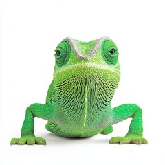 Obraz premium Bright green chameleon on white background, viewed from the front, showcasing its textured skin and expressive eyes. The reptile's posture is alert