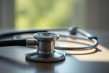 Close-Up of a Silver Stethoscope on a Wooden Table with Soft Natural Light