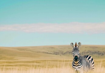 Obraz premium A single zebra rests in a field of tall, dry grass under a clear, pale blue sky. Rolling hills stretch across the background of this sunny landscape