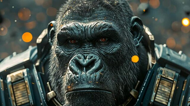 A powerful, futuristic gorilla character with intense eyes, set against a dramatic, fiery background