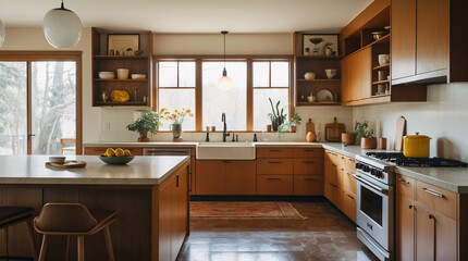 Fototapeta premium Charming retro kitchen with wooden cabinetry sink and a well arranged collection of cooking utensils Modern Interior design inspiration