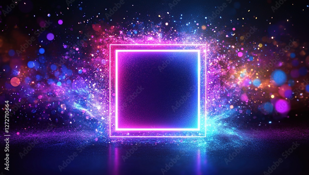 Poster neon square glows vibrantly with colorful particles bursting dynamically, creating a futuristic, ene