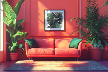 In this elegant living room, coral walls frame a white sofa, complemented by large plants. A soft rug underfoot adds texture, while natural light brings warmth to the vibrant space.