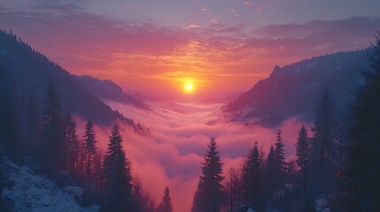 Sunset over foggy mountain valley, winter landscape, serene nature scene, ideal for travel posters