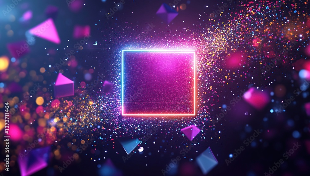 Poster neon square glows, colorful particles explode dynamically, abstract background design for visuals