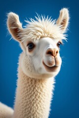 Obraz premium Close-Up Portrait of a Fluffy White Alpaca Against a Vibrant Blue Background