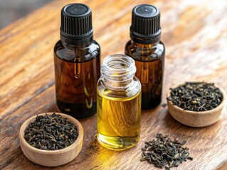 Three bottles of essential oils and tea leaves are displayed on a wooden surface, emphasizing natural remedies and wellness.