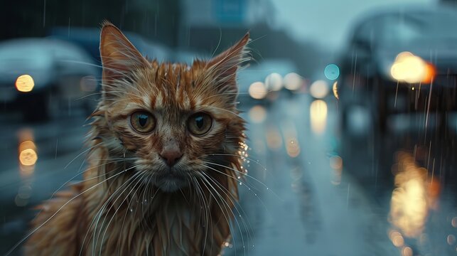A wet ginger cat stares intently at the camera on a rainy street, evoking a sense of curiosity and resilience.