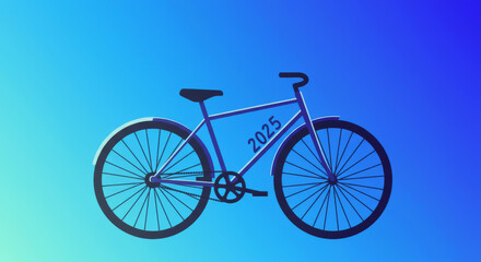 A minimalist dark blue bicycle stands against a blue gradient