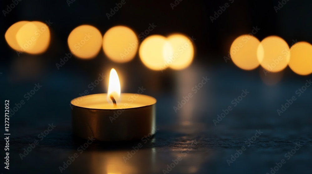 Poster A lit candle surrounded by soft bokeh lights creating a warm and serene atmosphere for relaxation or celebration : Generative AI