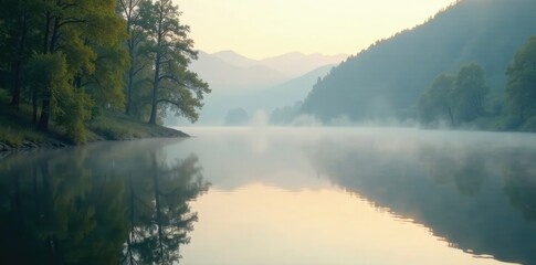 Soft focus on lake's serene surface, misty morning atmosphere, serenity, lake