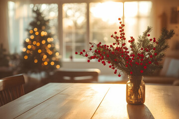 Fototapeta premium A wooden table featuring a vase of red berries and greenery, with blurred background of a Christmas-decorated living room and sunlight shining through windows.
